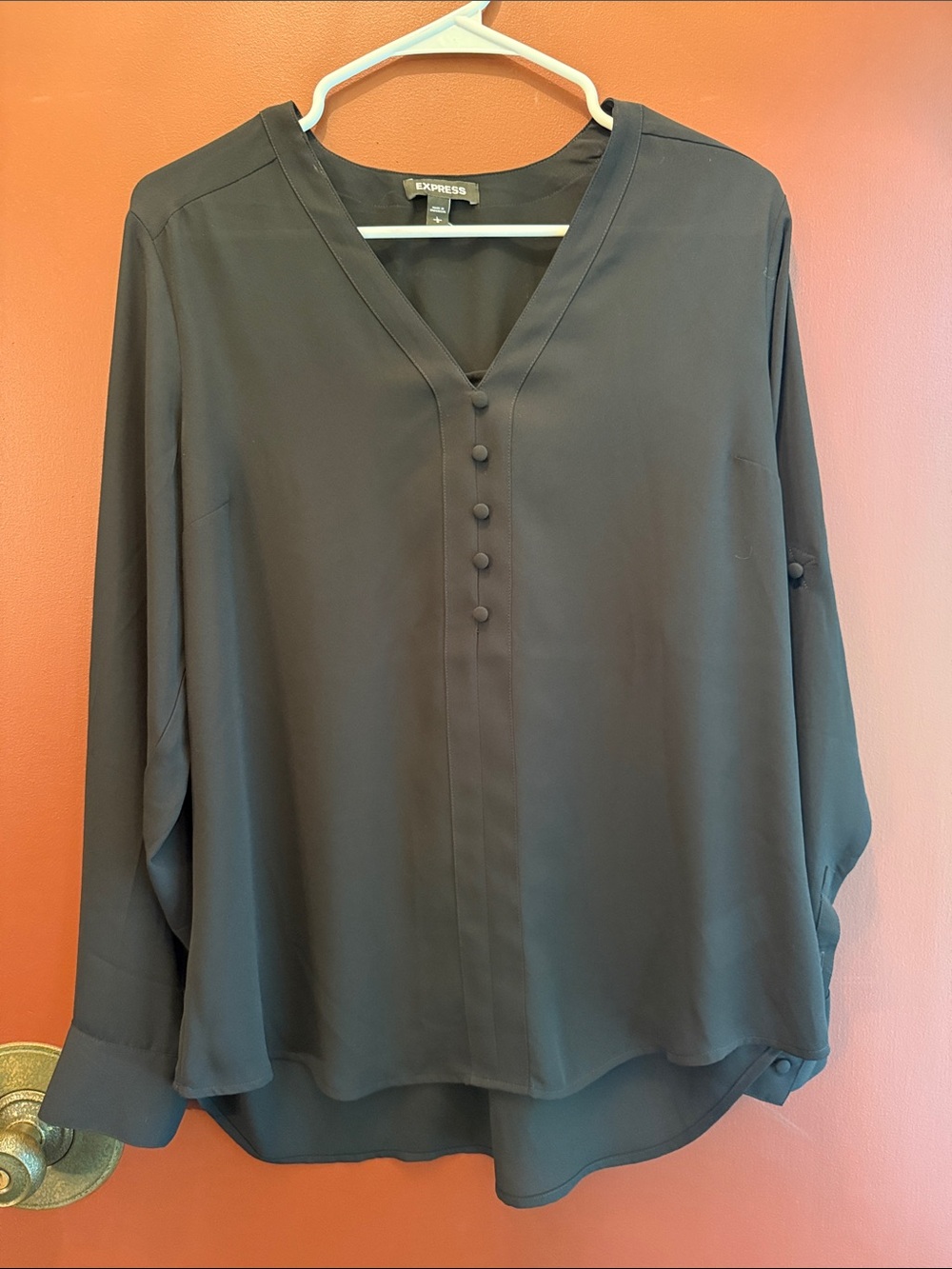 Express Black V-Neck Covered-Button Blouse